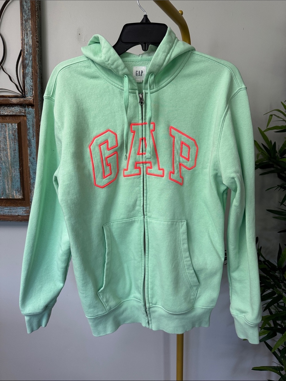 GAP Mint Green Zip-Up Hoodie with Neon Coral Logo EUC XS